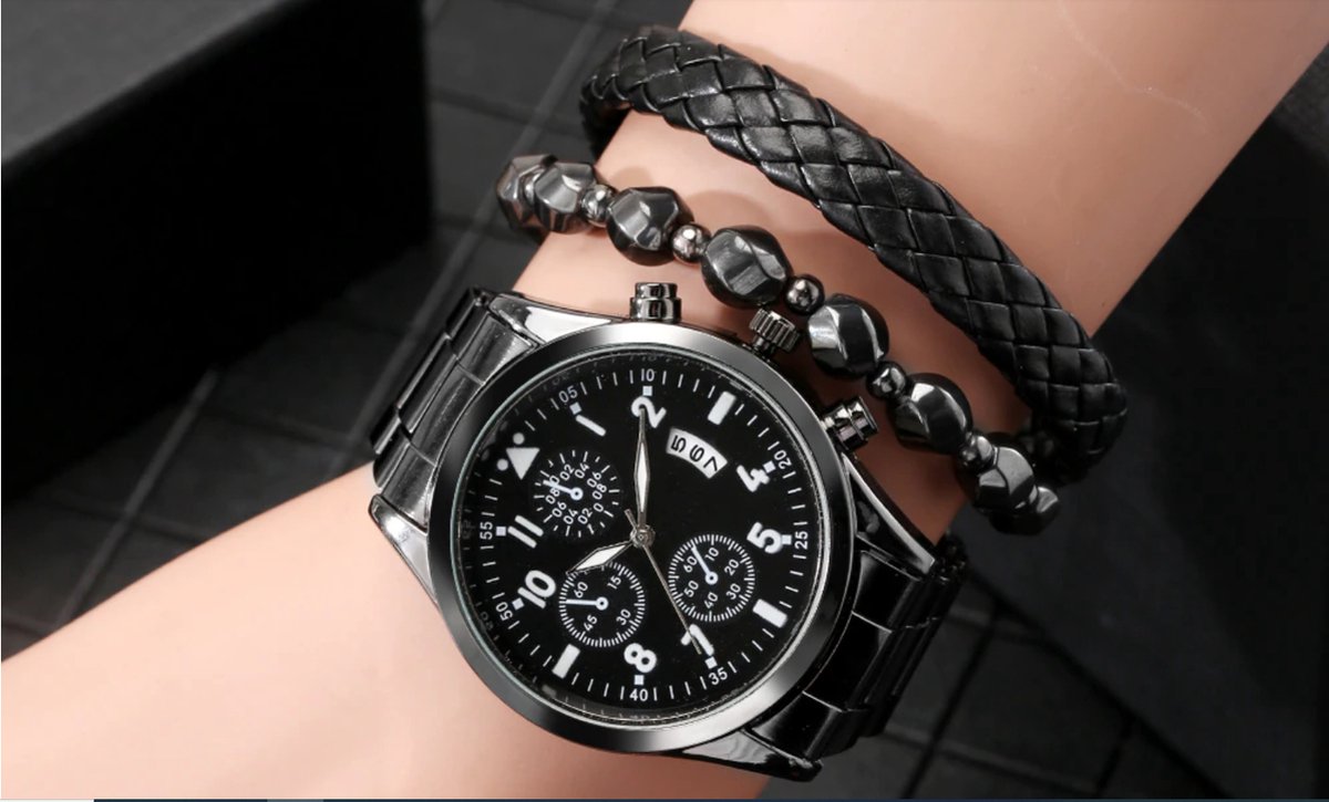Fiory Horloge-Armband set | Keller Weber| 1 horloge stalen band| 1 leren gevlochten armband zwart | 1 kralenarmband |