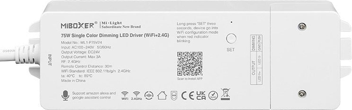Mi-Light Mi-Boxer - (WL1-P75V24) - Single Color 24V 75W LED controller met interne voeding (WiFi) - Voor besturing van een Single color LED strip - Bediening via app zonder tussenkomst van WL-BOX1