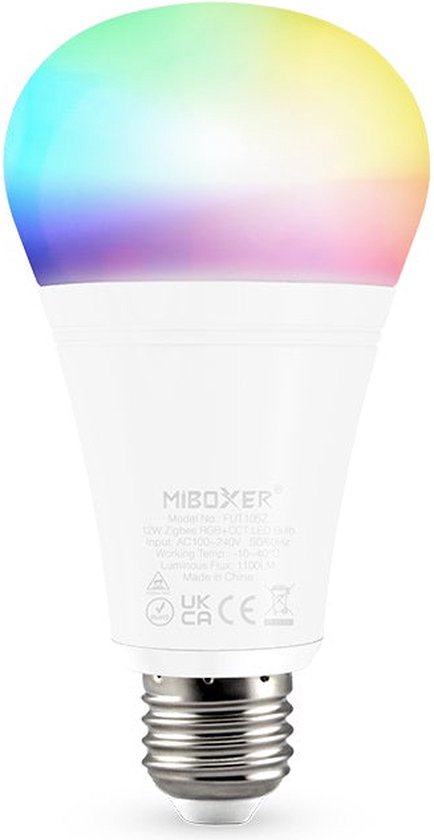 Mi-Light Mi-Boxer - (FUT105Z) - E27 RGB+CCT 12W Zigbee LED Lamp - Alle RGB kleuren + Warm wit licht tot koud wit licht - Dimbaar - Smart verlichting - Zigbee hub benodigd voor bediening (ZB-BOX1/ZB-BOX2/Tuya smart/IKEA tradfri)