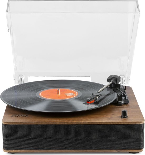 Fenton platenspeler met ingebouwde zwarte speakers, houten afwerking en een transparante kap. Een vinylplaat draait erop.