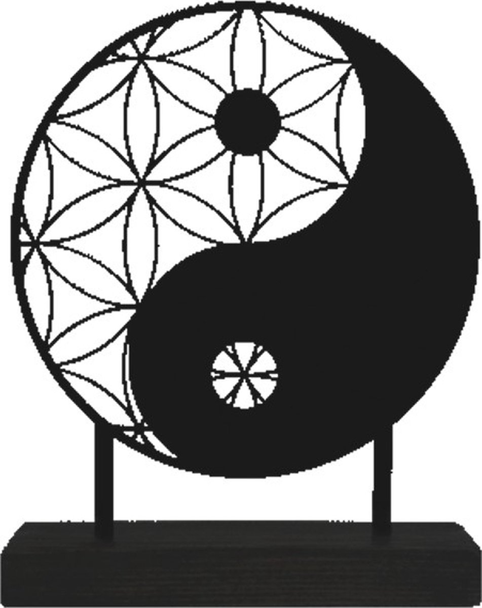 Decoratie yin-yang- metaal gepoedercoat - mat zwart - 35cm doorsnede - sokkel hout