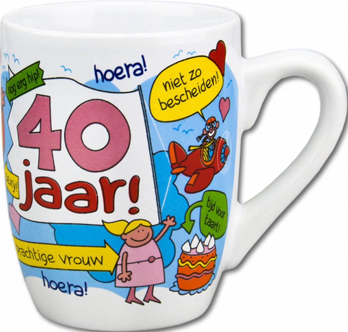 Verjaardag - Cartoon Mok - Hoera 40 jaar Vrouw - In cadeauverpakking met gekleurd lint