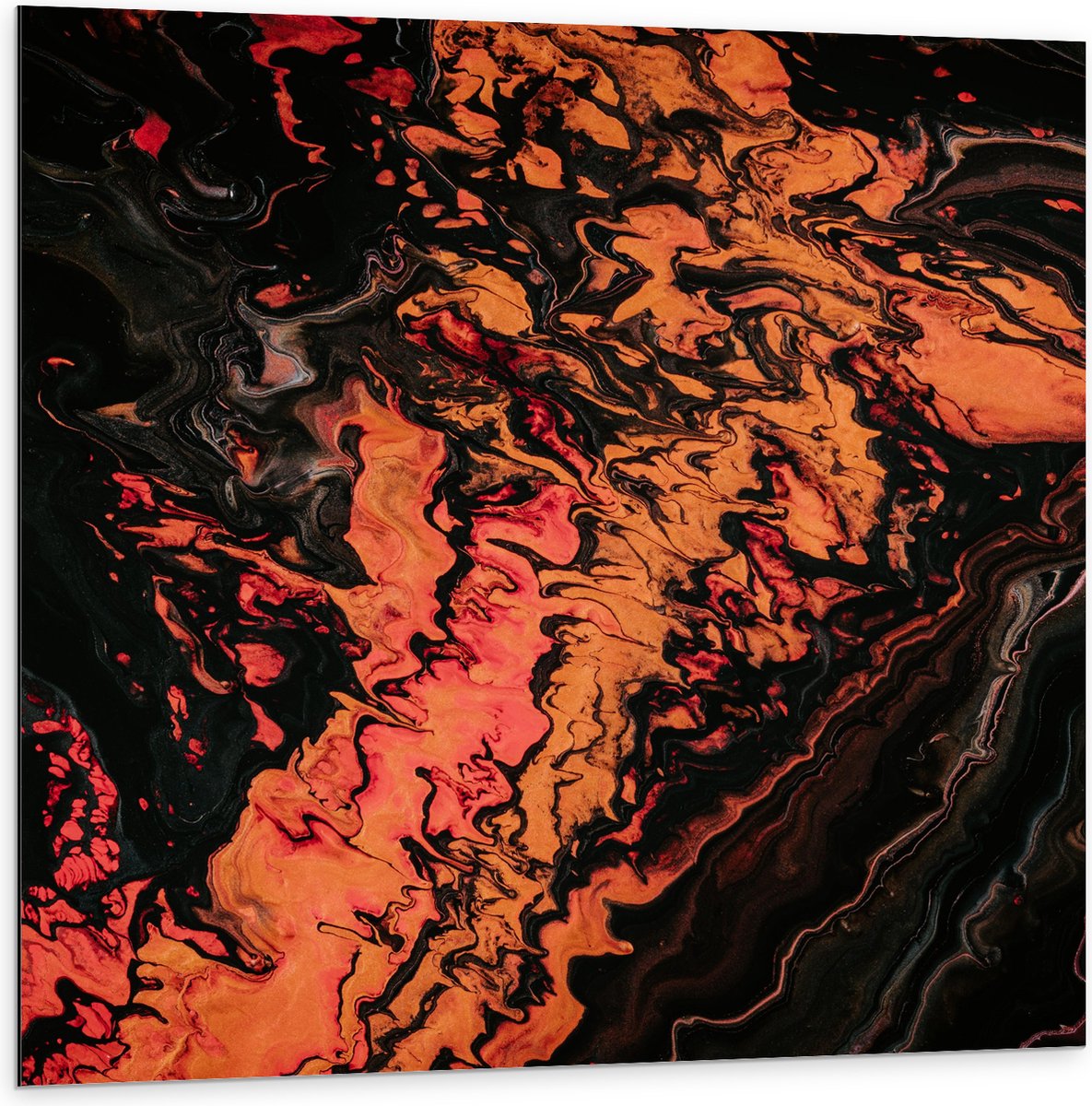 Dibond - Rood/oranje/Zwarte Verf - 100x100 cm Foto op Aluminium (Wanddecoratie van metaal)