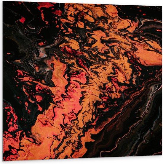 WallClassics - Dibond - Rood/oranje/Zwarte Verf - 100x100 cm Foto op Aluminium (Wanddecoratie van metaal)