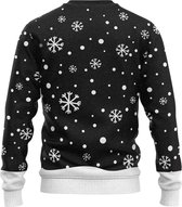 Achterkant van een zwarte kersttrui met witte sneeuwvlokken en witte mouwen.
