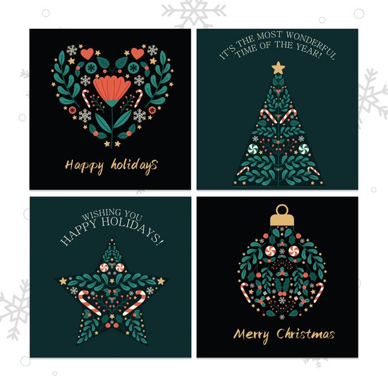 Giftmas Kerstkaarten - Wenskaarten - 52 Stuks - Met Enveloppen en Stickers - Nieuwjaarskaarten - 10x10cm