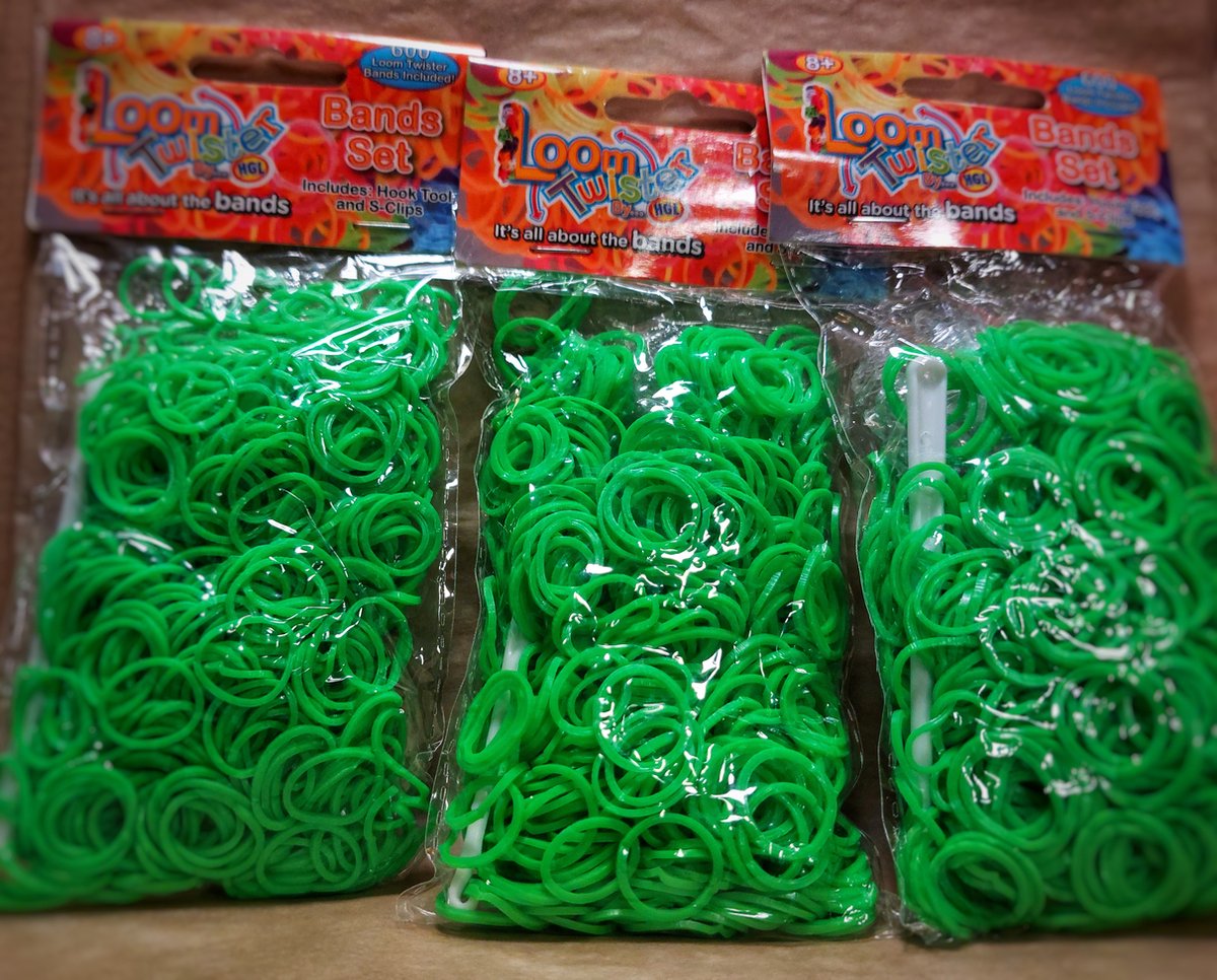 3 zakjes Loombandjes Loom Twister neon groen 3 x 600 bandjes inclusief haakjes en tool
