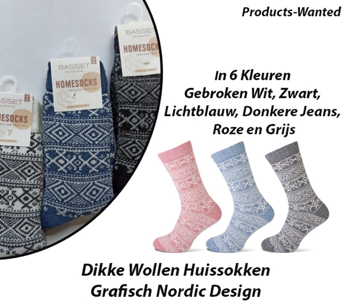3-Paar Dikke Wollen Huissokken Grafisch Nordic Design in Lichtblauw, Grijs en Zwart 35-38