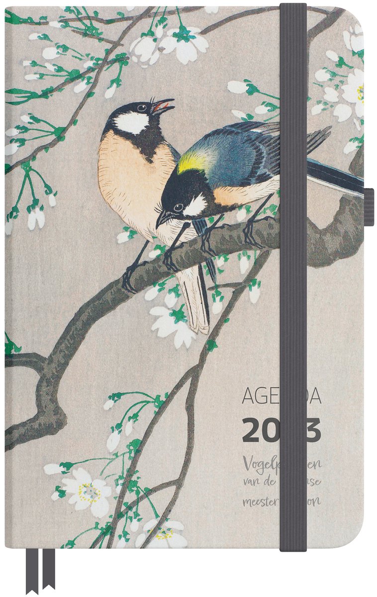 Agenda 2023 - Vogelprenten van de Japanse meester Koson (13x18cm) - Incl. 4 ansichtkaarten met vogels - Koolmezen op bloesemtak