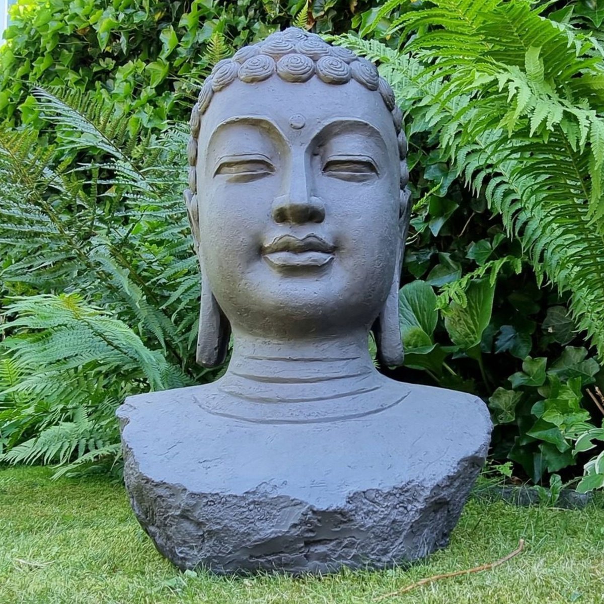 Statue de Jardin Tête de Bouddha Noir Antique 35cm Visage Buddha