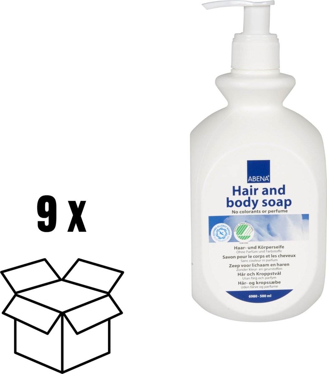 ABENA Hair and Body Soap Ongeparfumeerd - Shampoo en Douchegel in 1 - Voor de Gevoelige huid - Vegan, Duurzaam en Kleurstofvrij - Voordeelverpakking 9x 500ml