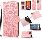 Coque de téléphone pour Apple iPhone 14 Pro Max | Bookcase en cuir PU de haute qualité | Étui portefeuille en cuir | Porte-cartes | Motif Fleurs | Rose