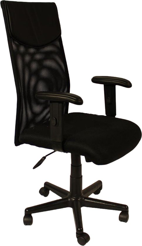 Bureaustoel - Kantoorstoel met Wieltjes - Hoge Rug - Verstelbare Armsteunen - Netbekleding - Kunstleder  - Zwart