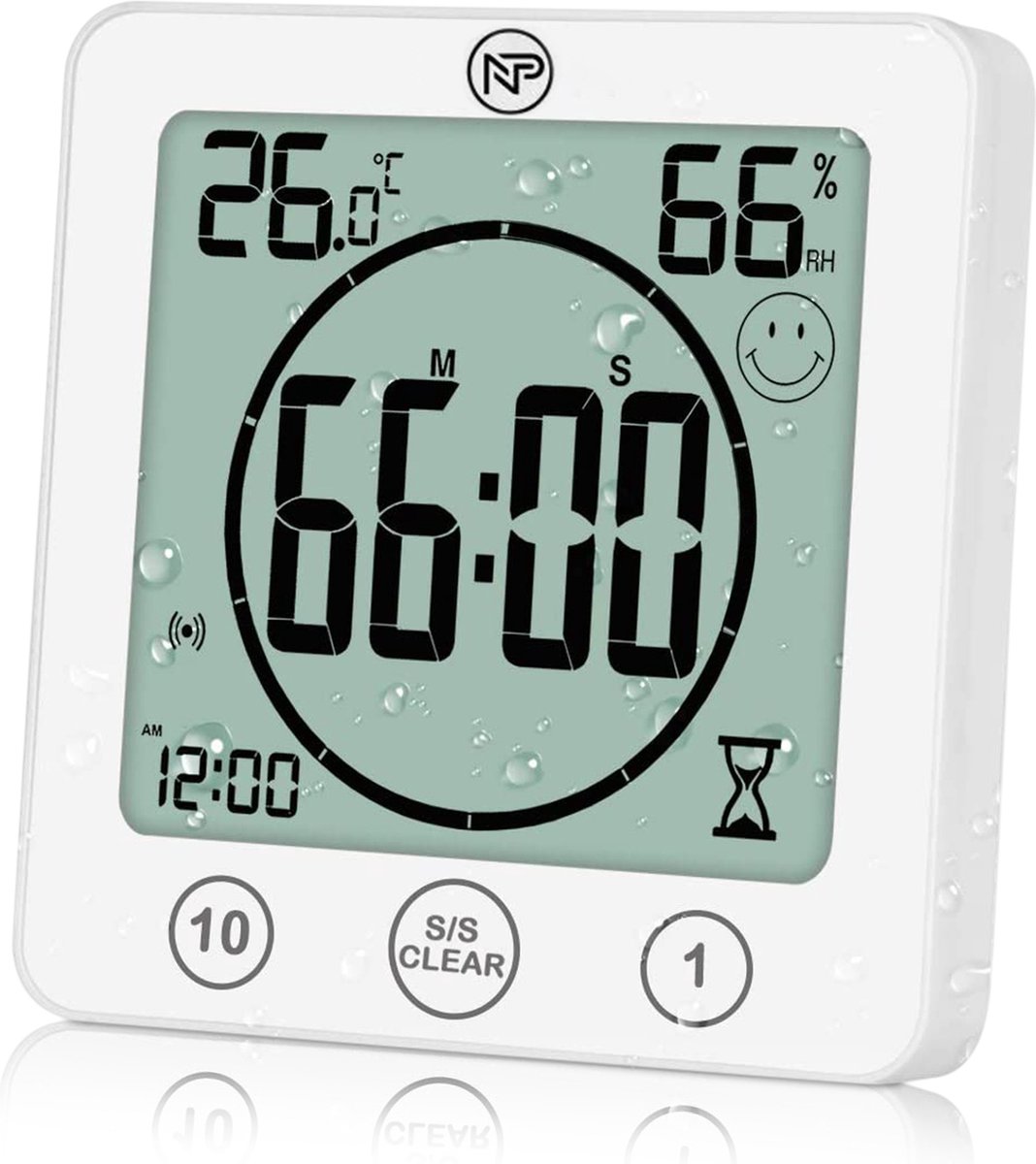 NP Goods - Douche Timer - Shower Timer - Badkamer Klok - Wekker Digitaal - Luchtvochtigheidsmeter - Hygrometer + Thermometer binnen - Wit