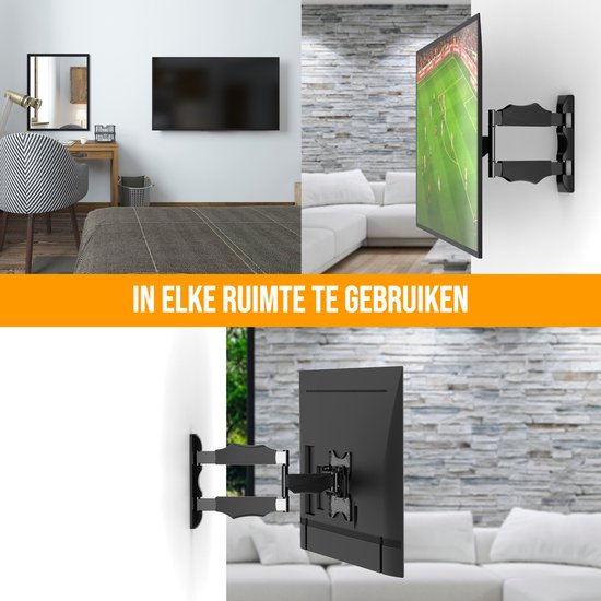 Zwarte tv-beugel in diverse woonkamers. Text: In elke ruimte te gebruiken.