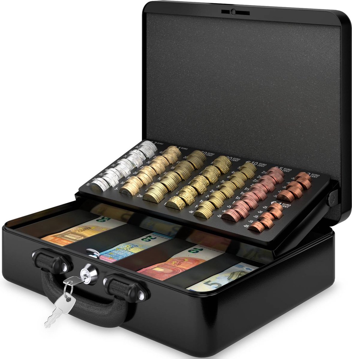 ACROPAQ Geldkistje - Premium, Geldkist met sleutel, 30 x 25 x 9 cm - Geldkluis met muntsorteerder, Geldlade - Zwart - ACROPAQ