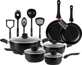 Rochester 18-delige Pannenset met Deksels - Set met Kookpotten, Koekenpannen & Steelpannen - Koekenpannenset - Kookpottenset - Aluminium - Zwart