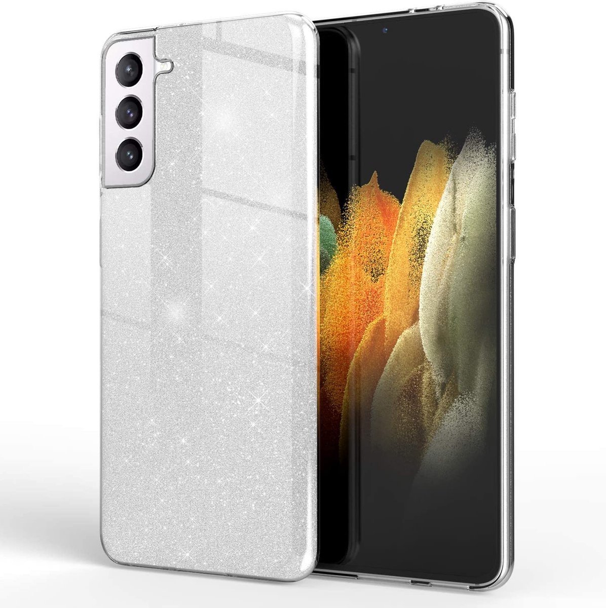 Hoesje Geschikt Voor Samsung Galaxy S22 hoesje glitter backcover – Zilver – oTronica