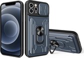 Geschikt voor iPhone12 Pro Max hoesje met pashouder - camera bescherming cover en ring houder – Grijs – oTronica