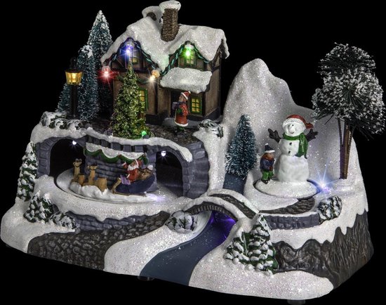 Kerstdorp - Kersthuisje met verlichting - Kerstslee - Sneeuwman - LED - Merkloos