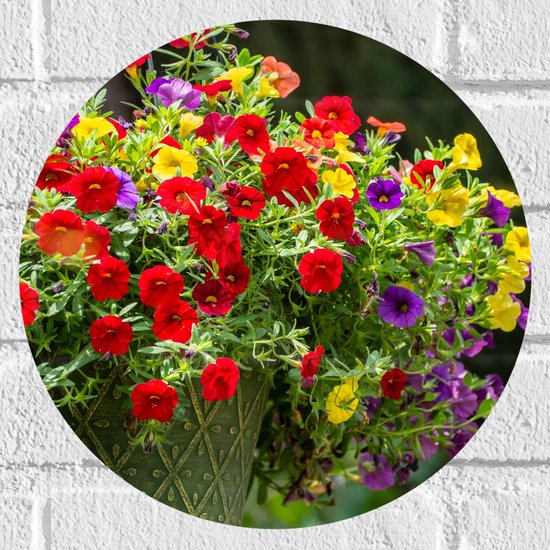 WallClassics - Muursticker Cirkel - Bloemenmadjes met Rode, Paarse en Gele Bloemen - 30x30 cm Foto op Muursticker