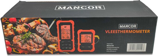 Mancor vleesthermometer met oranje behuizing, met weergave van vlees op de grill en op de thermometer.