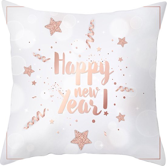 Without Lemon - Kerst Kussenhoes - Wit met Roze "Happy New Year" - Kerst kussen - Kerstdagen - Feestdagen - Kerst - Decoratie - Woondecoratie - Kussenslopen - December - Cadeau