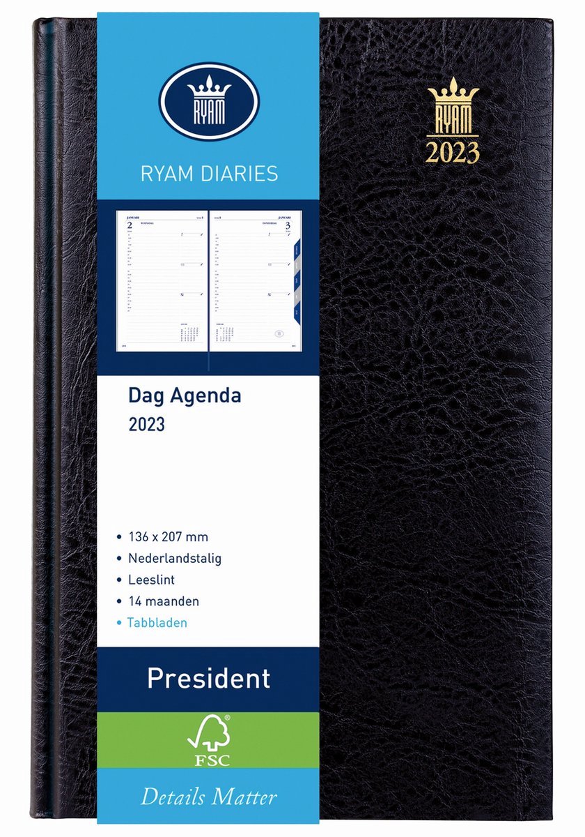 Ryam Bureau Agenda 2023 - President ZWART 1 dag per pagina (13.6cm x 20.7cm)