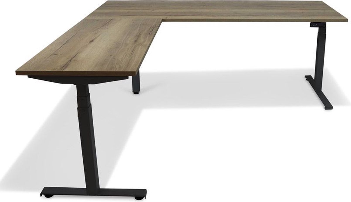 Roomforthenew Heathrow Hoek - Bureau - Bureautafel - Gaming bureau - Computertafel - Hoekbureau – Natuur eiken - Verstelbaar bureau - Gaming Desk - Bureau tafel - Hoekbureau verstelbaar - Zit sta bureau elektrisch – Zwart onderstel