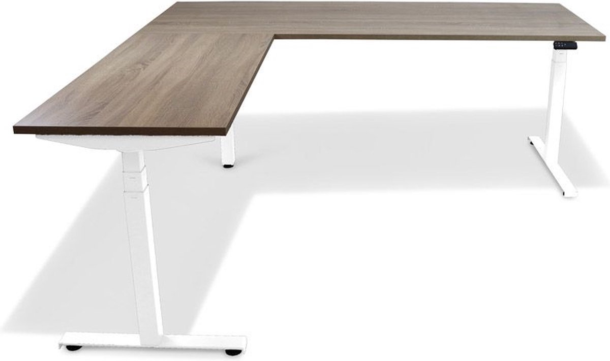Roomforthenew Heathrow Hoek - Bureau - Bureautafel - Gaming bureau - Computertafel - Hoekbureau – Midden eiken - Verstelbaar bureau - Gaming Desk - Bureau tafel - Hoekbureau verstelbaar - Zit sta bureau elektrisch – Wit onderstel