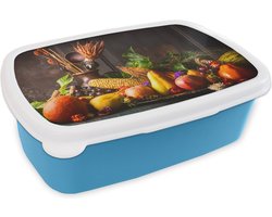 Broodtrommel Blauw - Lunchbox - Brooddoos - Groente - Fruit - Rustiek - Tafel - 18x12x6 cm - Kinderen - Jongen