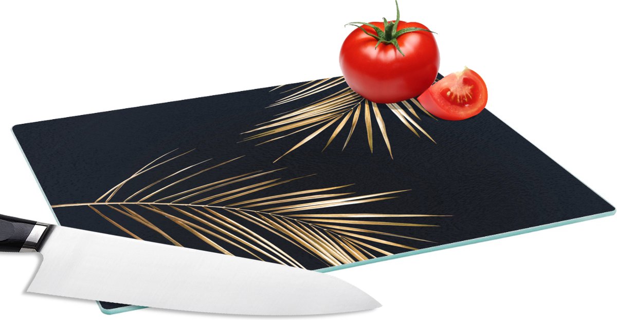 Glazen Snijplank - 28x20 - Bladeren - Planten - Goud - Zwart - Luxe - Snijplanken Glas