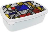 Broodtrommel Wit - Lunchbox - Brooddoos - Mondriaan - Glas in lood - Oude Meesters - Kunstwerk - Abstract - Schilderij - 18x12x6 cm - Volwassenen