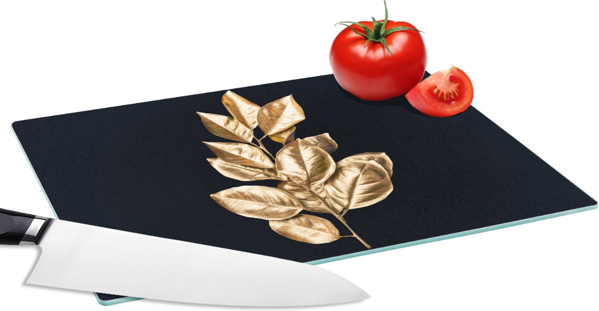 Glazen Snijplank - 28x20 - Plant - Bladeren - Goud - Zwart - Luxe - Snijplanken Glas