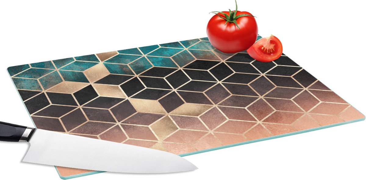 Glazen Snijplank - 39x28 - Abstract - Kubus - Goud - Patronen - Luxe - Snijplanken Glas