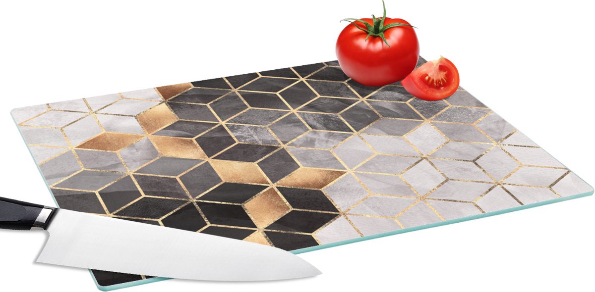 Glazen Snijplank - 39x28 - Abstract - Kubus - Goud - Patronen - Zwart - Wit - Snijplanken Glas