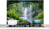 Spatscherm keuken 100x65 cm - Kookplaat achterwand Jungle - Regenwoud - Water - Waterval - Planten - Muurbeschermer - Spatwand fornuis - Hoogwaardig aluminium