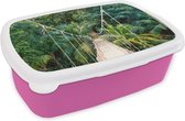 Broodtrommel Roze - Lunchbox - Brooddoos - Jungle - Palmboom - Brug - Natuur - Planten - 18x12x6 cm - Kinderen - Meisje