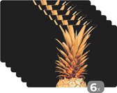 Placemat - Placemats kunststof - Ananas - Goud - Verf - Zwart - Fruit - Luxe - 45x30 cm - 6 stuks - Hittebestendig - Anti-Slip - Onderlegger - Afneembaar