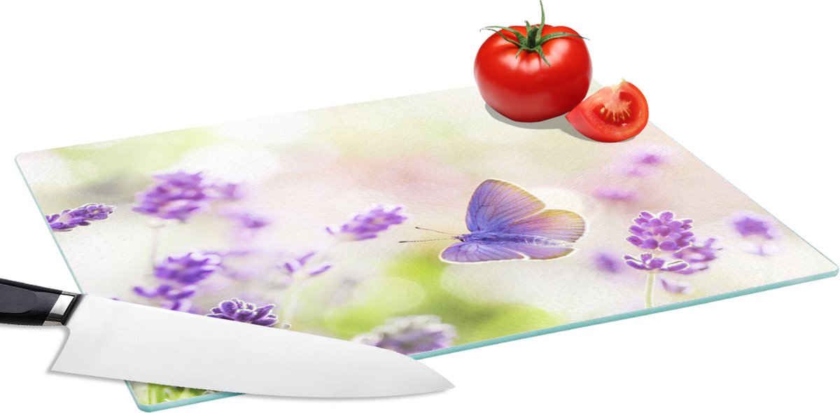Glazen Snijplank - 39x28 - Lavendel - Vlinder - Bloemen - Snijplanken Glas