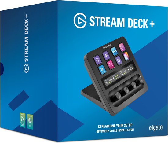 Doos van de Elgato Stream Deck+ met een afbeelding van het apparaat.
