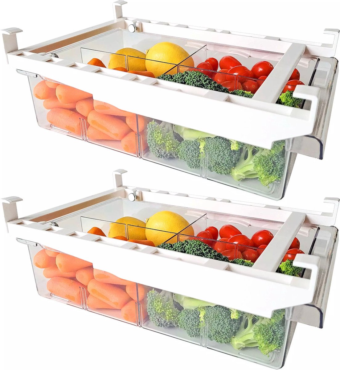De Millennials- Transparante koelkast organizer 1 paar (2 stuks) - extra lade in koelkast - Opbergdozen - koelkast bakjes - doorzichtig met scheiding - verstelbaar -Opbergboxen -Stapelbaar -