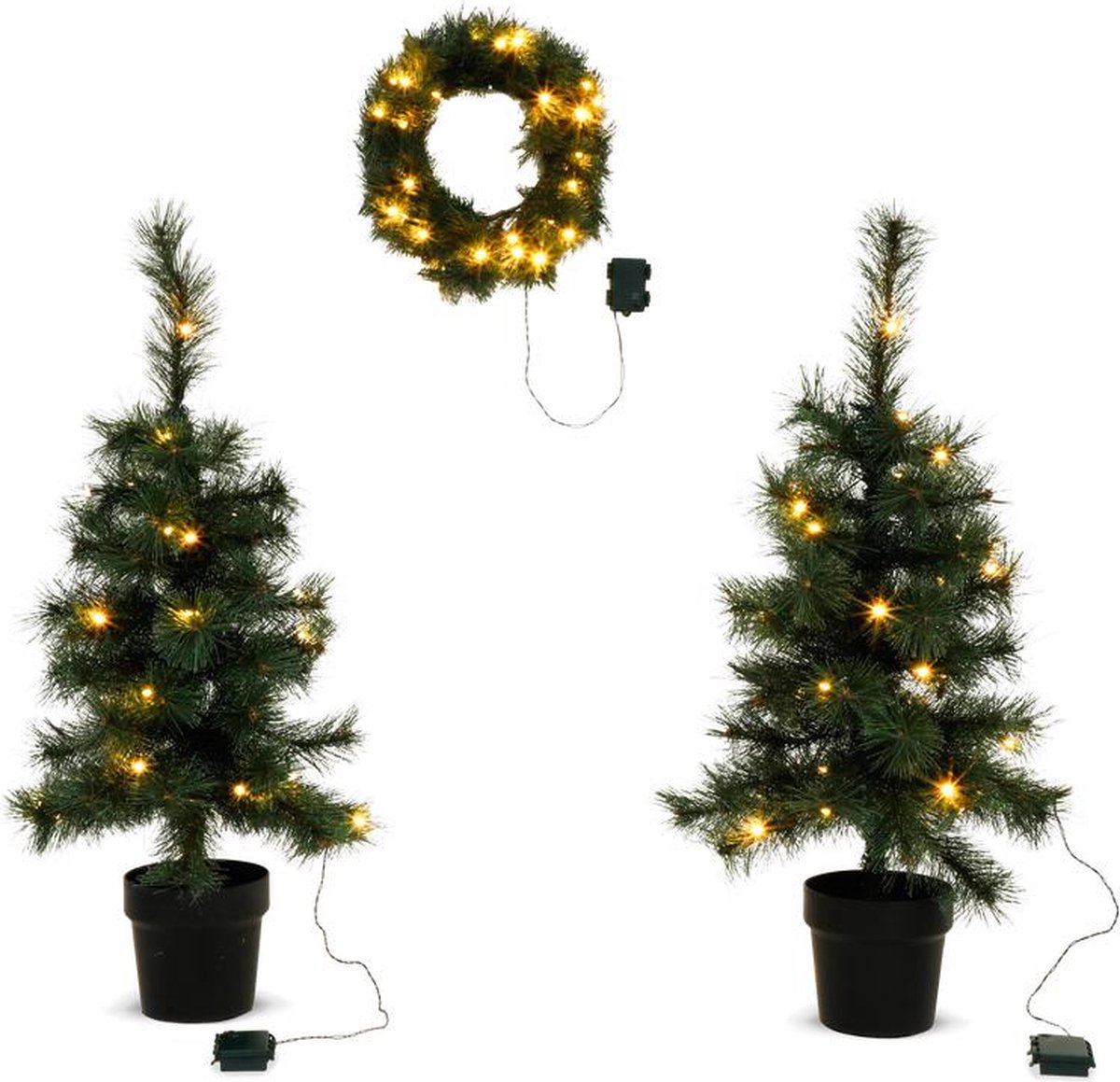 Set van 2 kerstbomen en kerstkrans - 3-delige set - Met verlichting
