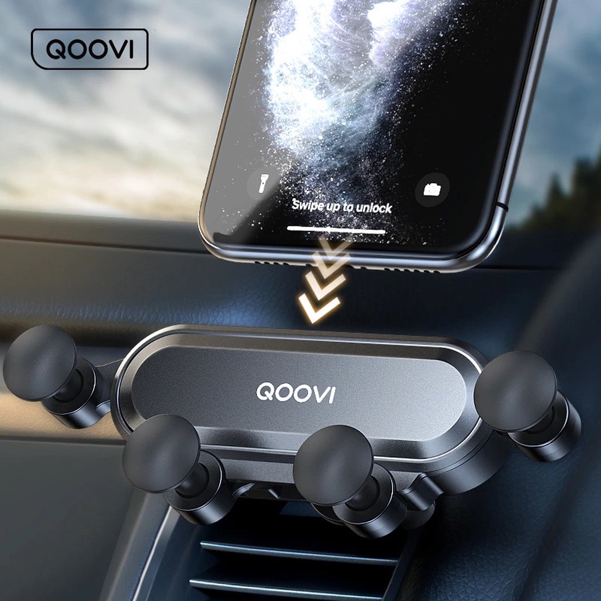 Qoovi - Telefoonhouder Auto - Universele - Zwaartekracht - Ventilatie - Ventilatierooster - Houder telefoon - Mobiele houder - Zwart