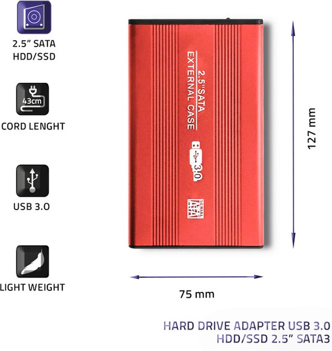 Qoltec Externe Harde Schijf Behuizing HDD/SSD 2.5'' SATA3 | USB 3.0 | Rood.