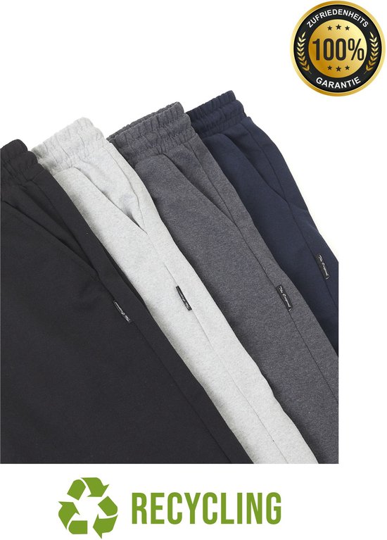 Vijf joggingbroeken in zwart, lichtgrijs, donkergrijs en marineblauw, met "100% GARANTIE" en "RECYCLING" logo.