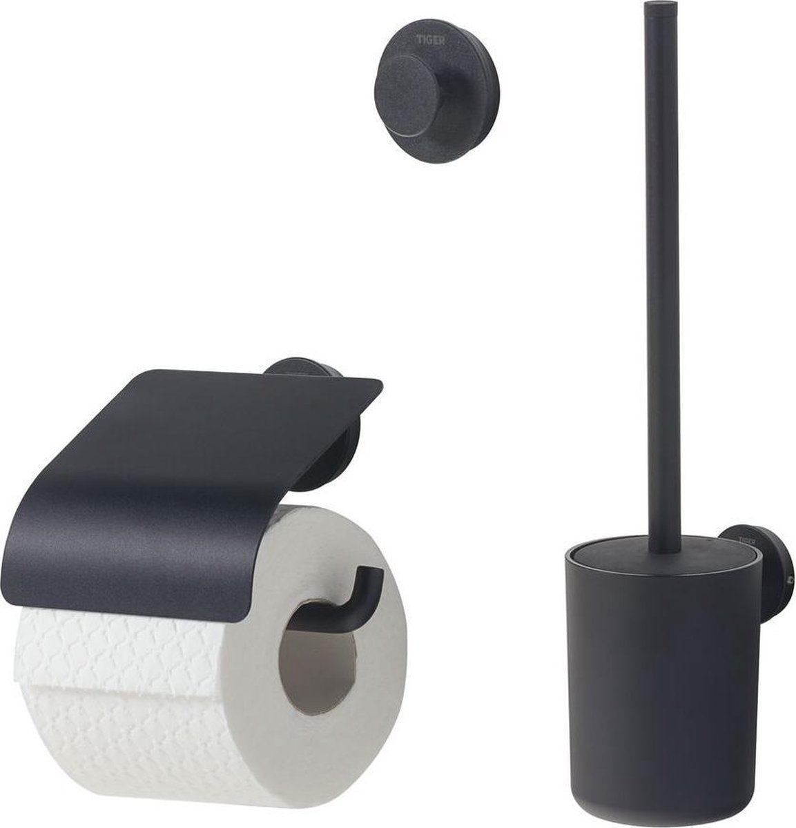 Tiger Urban Toiletaccessoireset - Toiletborstel met houder - Toiletrolhouder met klep - Handdoekhaak - Zwart - Tiger