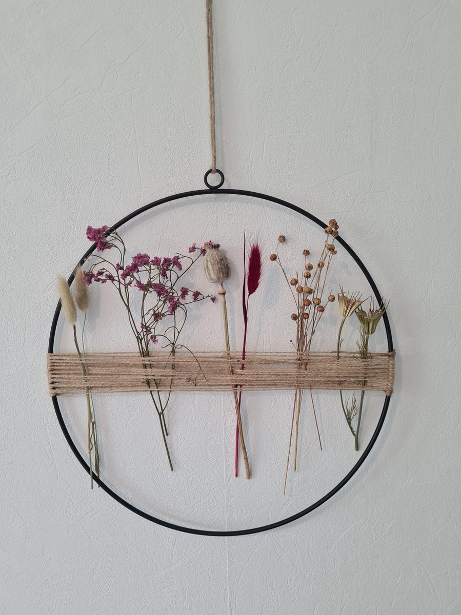Decoratie ring krans met droogbloemen bloemenkrans 35cm rose en paars