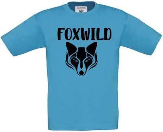 T-shirt voor kinderen met opdruk “Foxwild” | Attoll blauw t-shirt | opdruk zwart | T-shirt met tekst