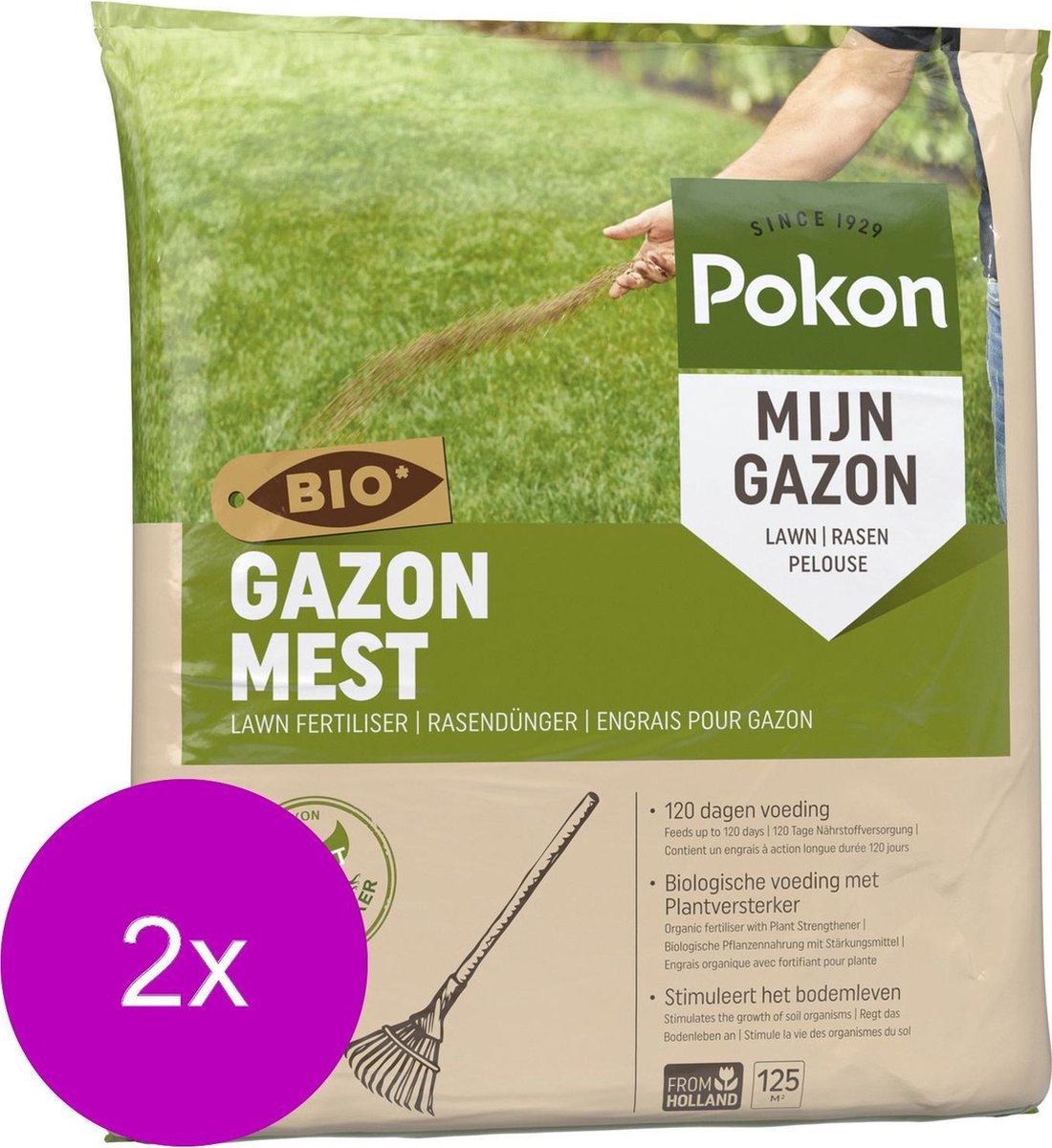 Pokon Bio Gazonmest - 2 x 8,4kg - Mest - Geschikt voor 2 x 125m² - 120 dagen biologische voeding - Voordeelverpakking